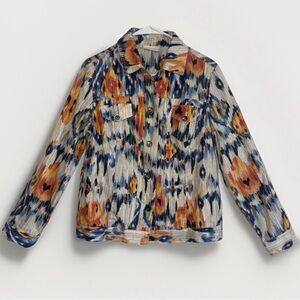 Chicos Jacket 1 Linen Blend Southwestern Aztec Trucker Art to Wear Colorful M L